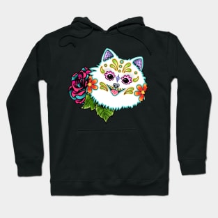 Pomeranian in White - Day of the Dead Sugar Skull Dog Hoodie